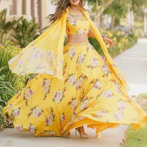 Yellow flower print lehenga